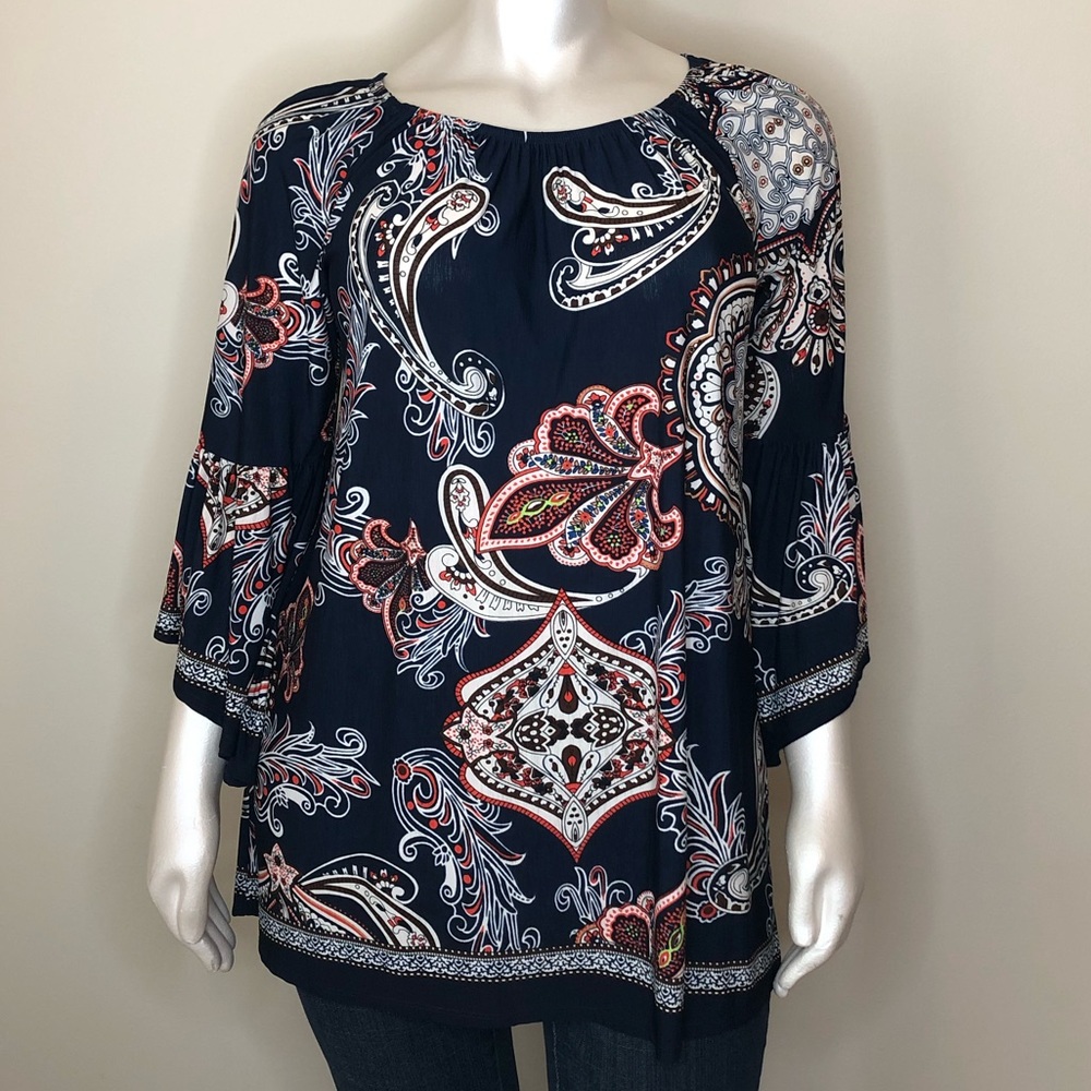 Boutique Navy Tunic with Bell Sleeves Size 1X